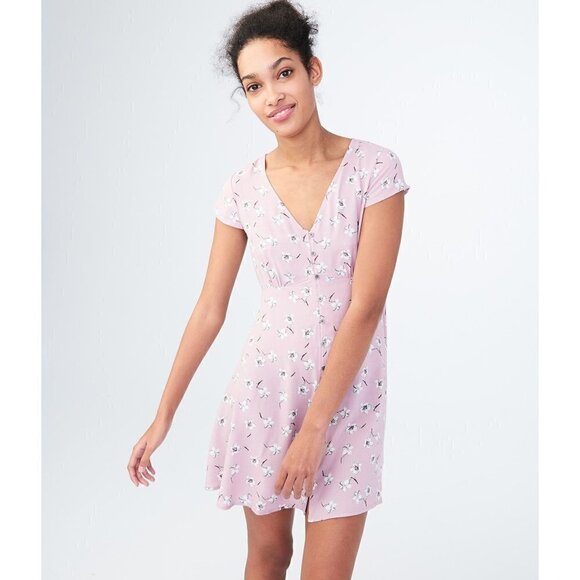 Aeropostale Pink Floral Short Sleeve Button Front Mini Shirt Dress XS - Picture 1 of 6